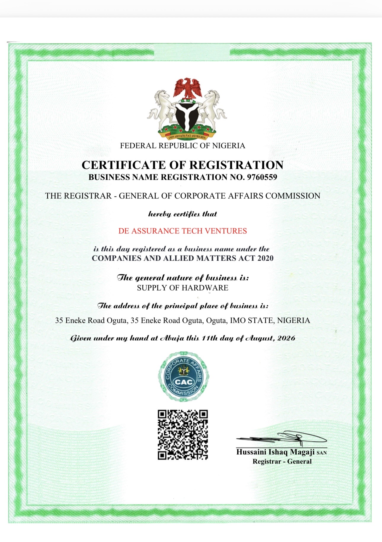Certificate of Registration for DE ASSURANCE TECH VENTURES, Registration No. 9760559